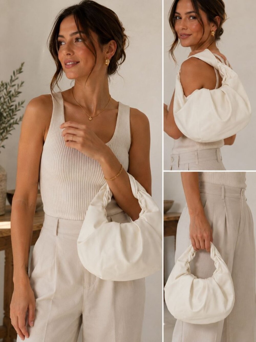 Soft Ivory Ruched Knot Shoulder Bag Minimalist Slouchy Cloud Handbag Faux Leathe - Picture 2 of 6